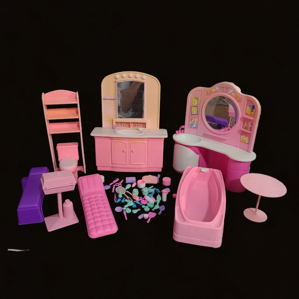 👠 Vintage 1990s Barbie Bathroom & Patio Furniture Accessories Lot Pink Playset